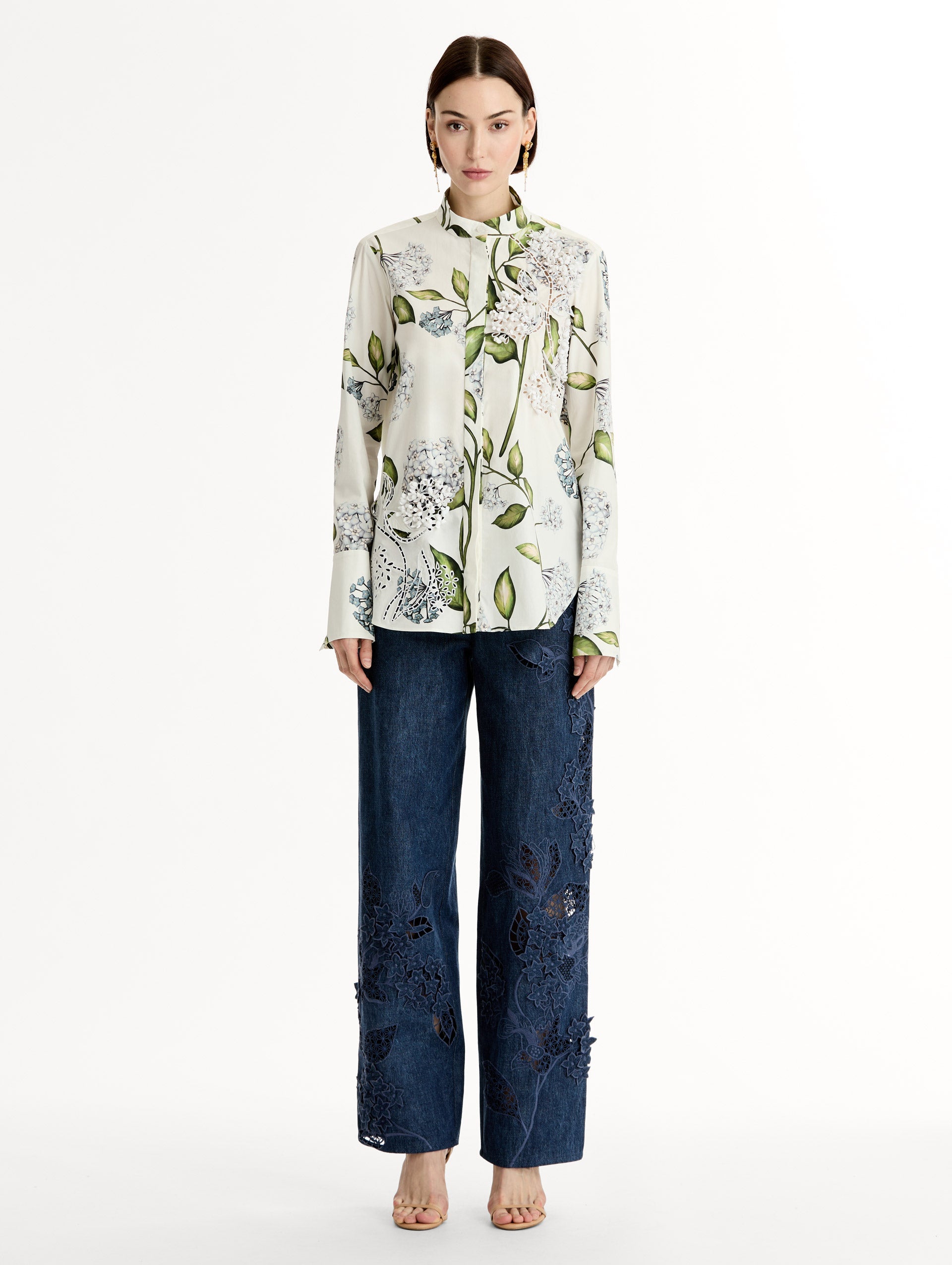 Oscar de la Renta Porcelain Flower Cotton Poplin Blouse