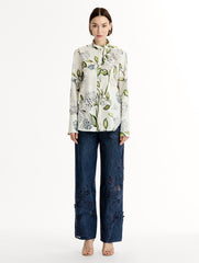 Oscar de la Renta Porcelain Flower Cotton Poplin Blouse