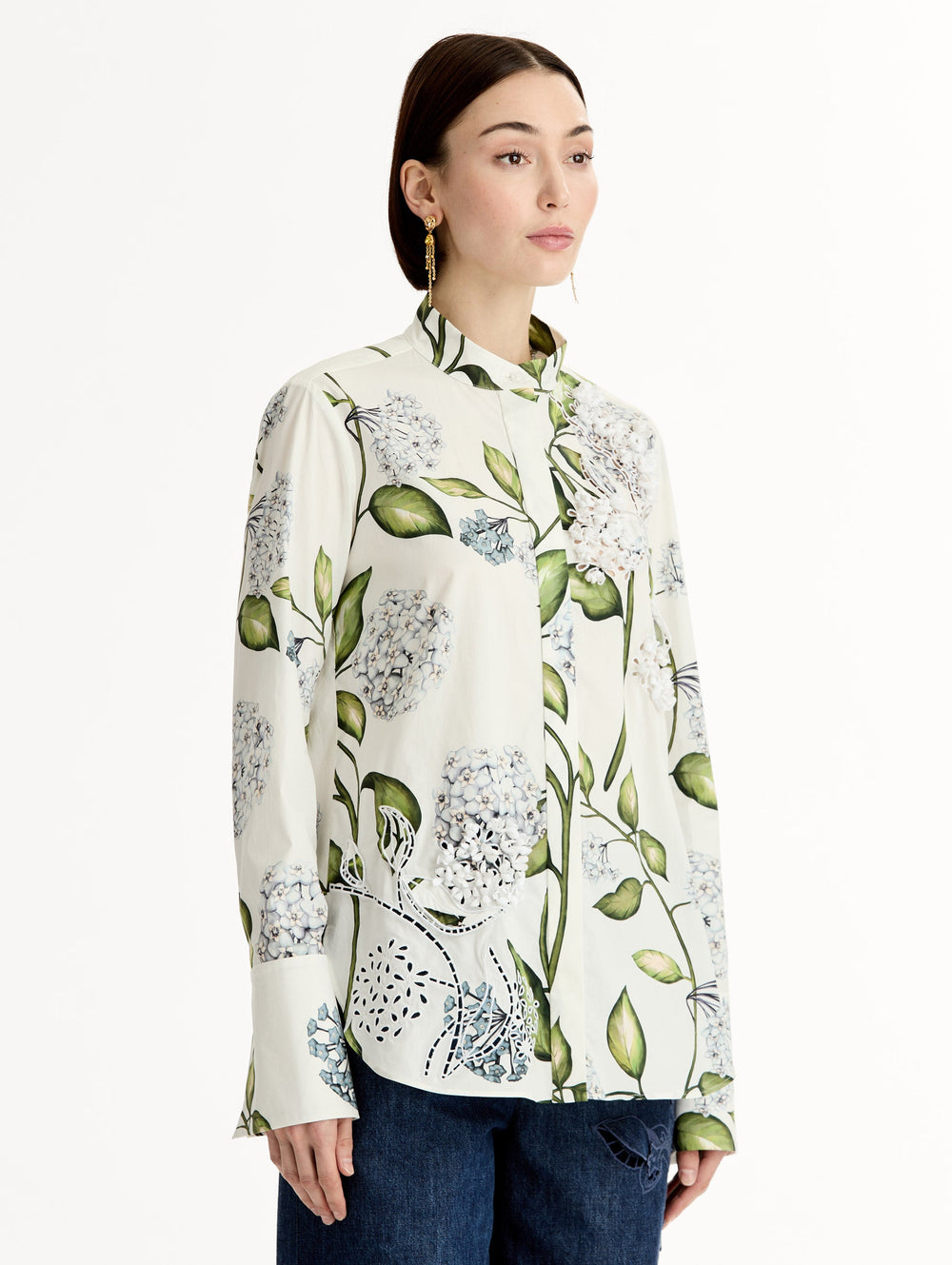 Oscar de la Renta Porcelain Flower Cotton Poplin Blouse