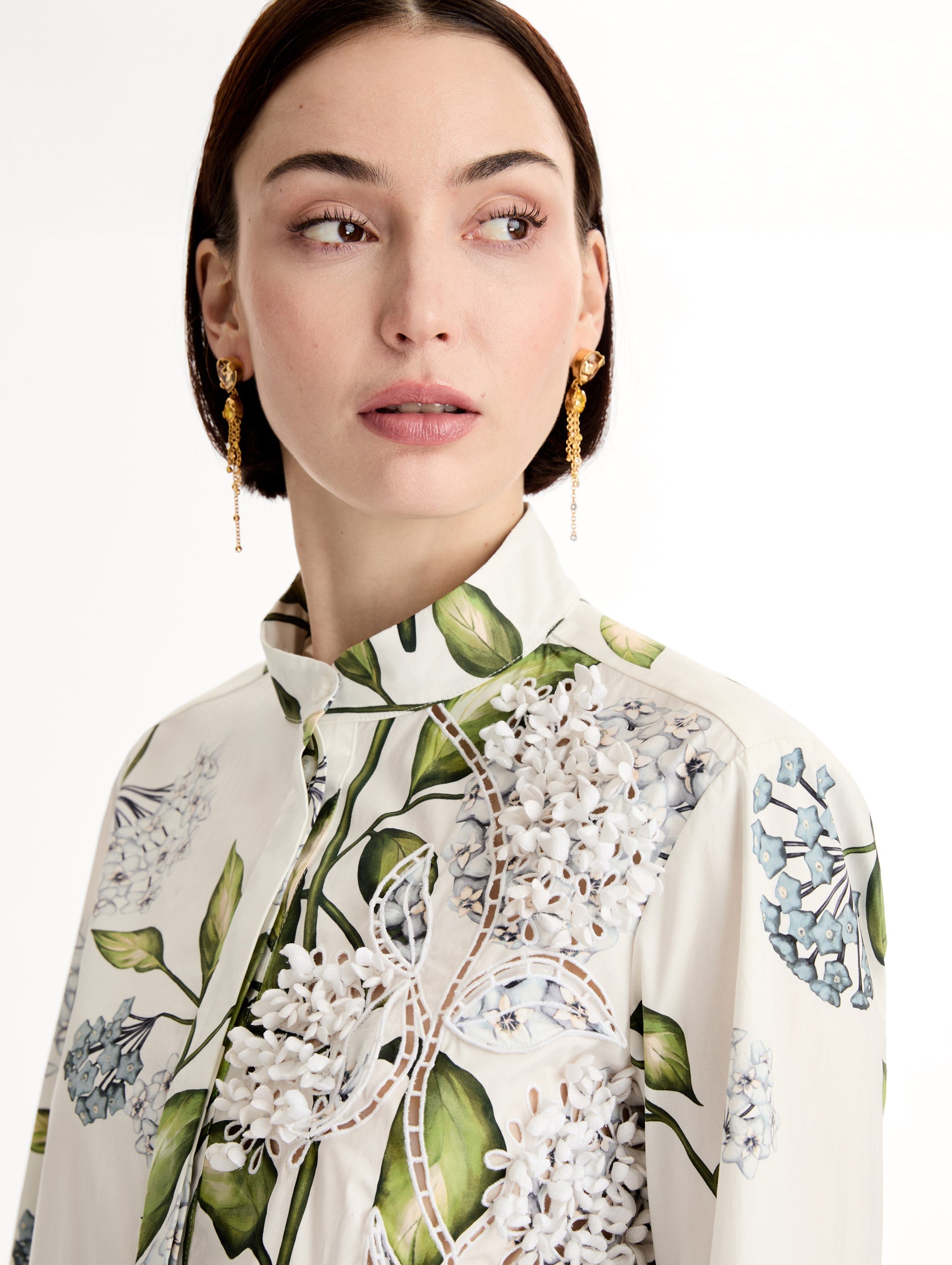 Oscar de la Renta Porcelain Flower Cotton Poplin Blouse