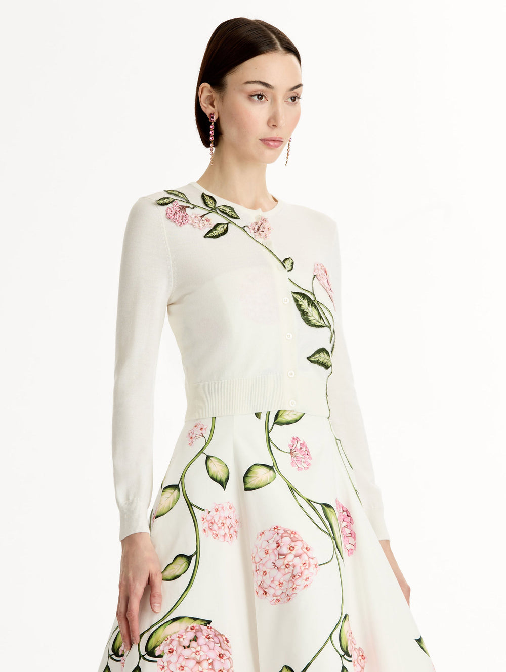 Oscar de la Renta Porcelain Flower Threadwork Cropped Cardigan
