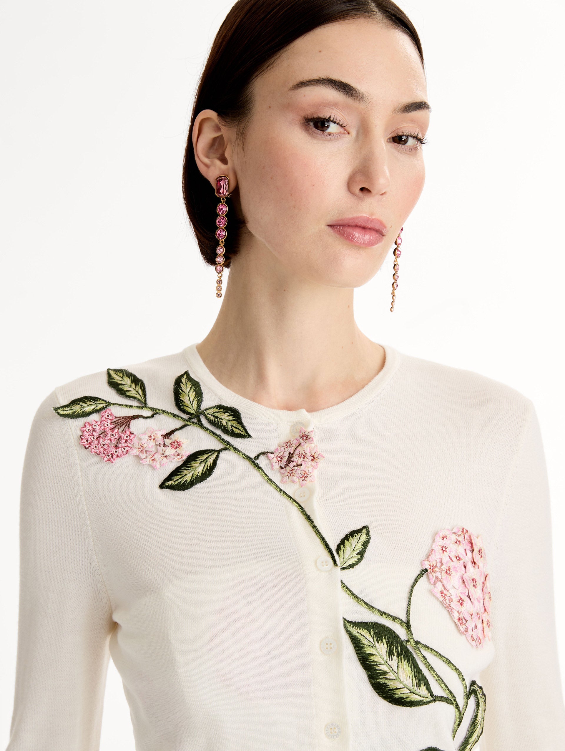 Oscar de la Renta Porcelain Flower Threadwork Cropped Cardigan