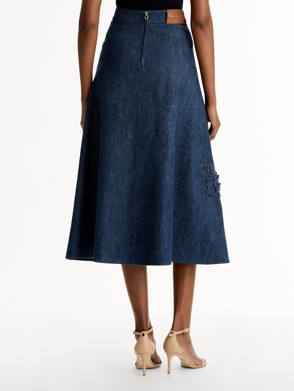 Oscar de la Renta Porcelain Flower Cutout Denim Skirt