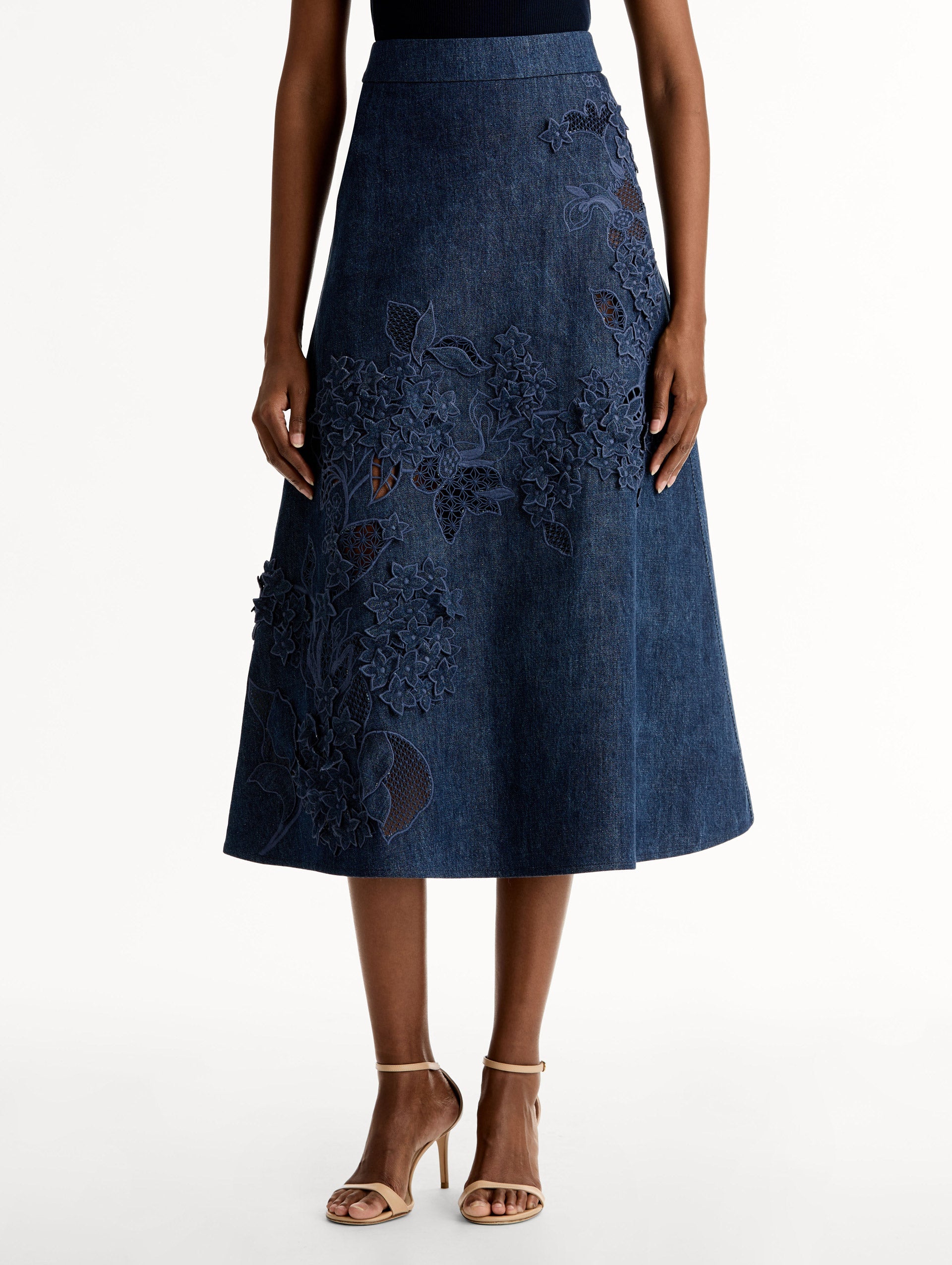 Oscar de la Renta Porcelain Flower Cutout Denim Skirt