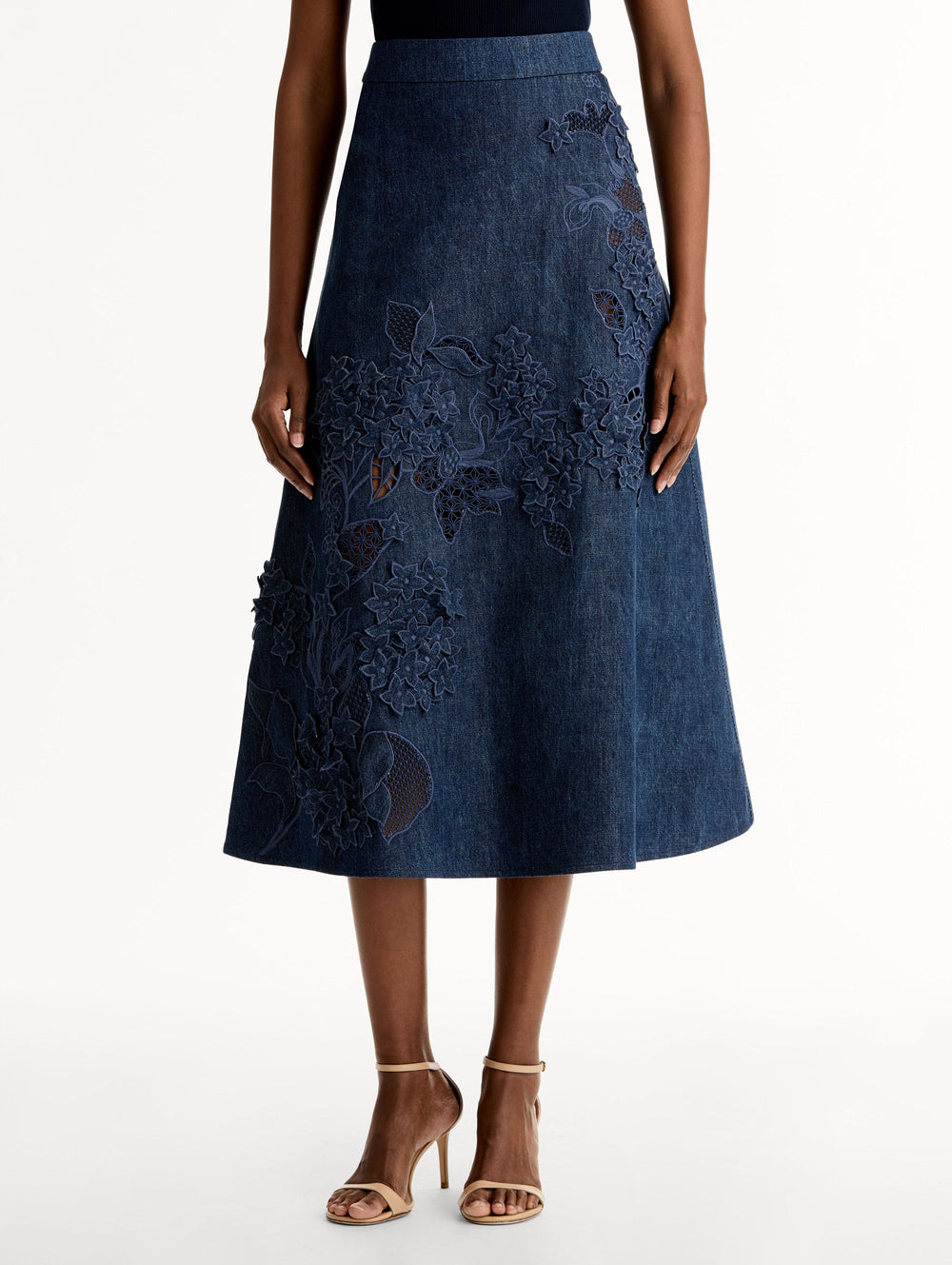 Oscar de la Renta Porcelain Flower Cutout Denim Skirt