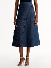 Oscar de la Renta Porcelain Flower Cutout Denim Skirt