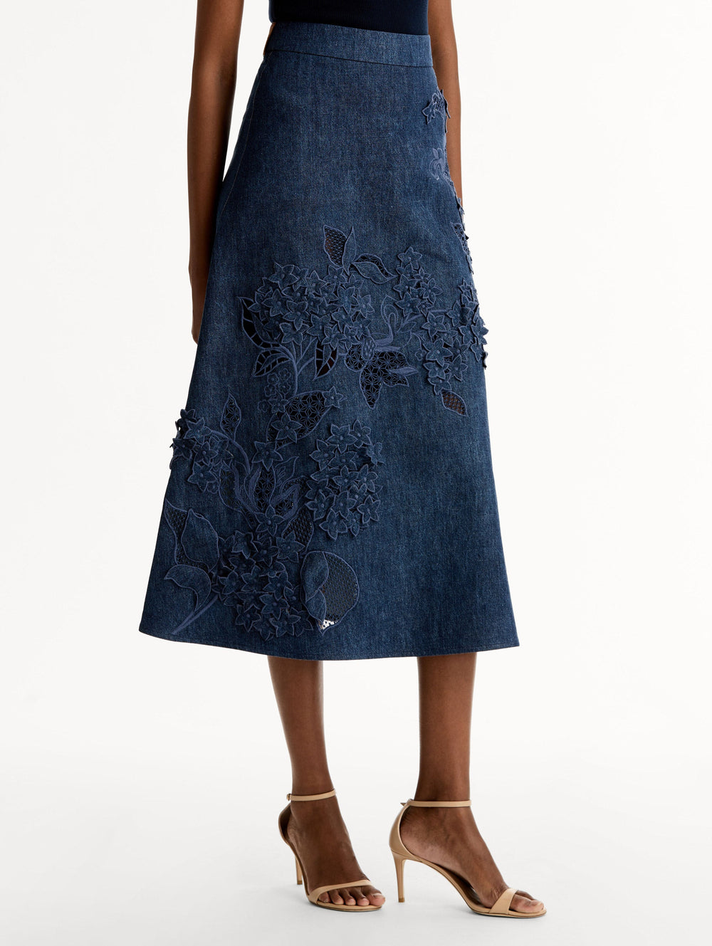 Oscar de la Renta Porcelain Flower Cutout Denim Skirt
