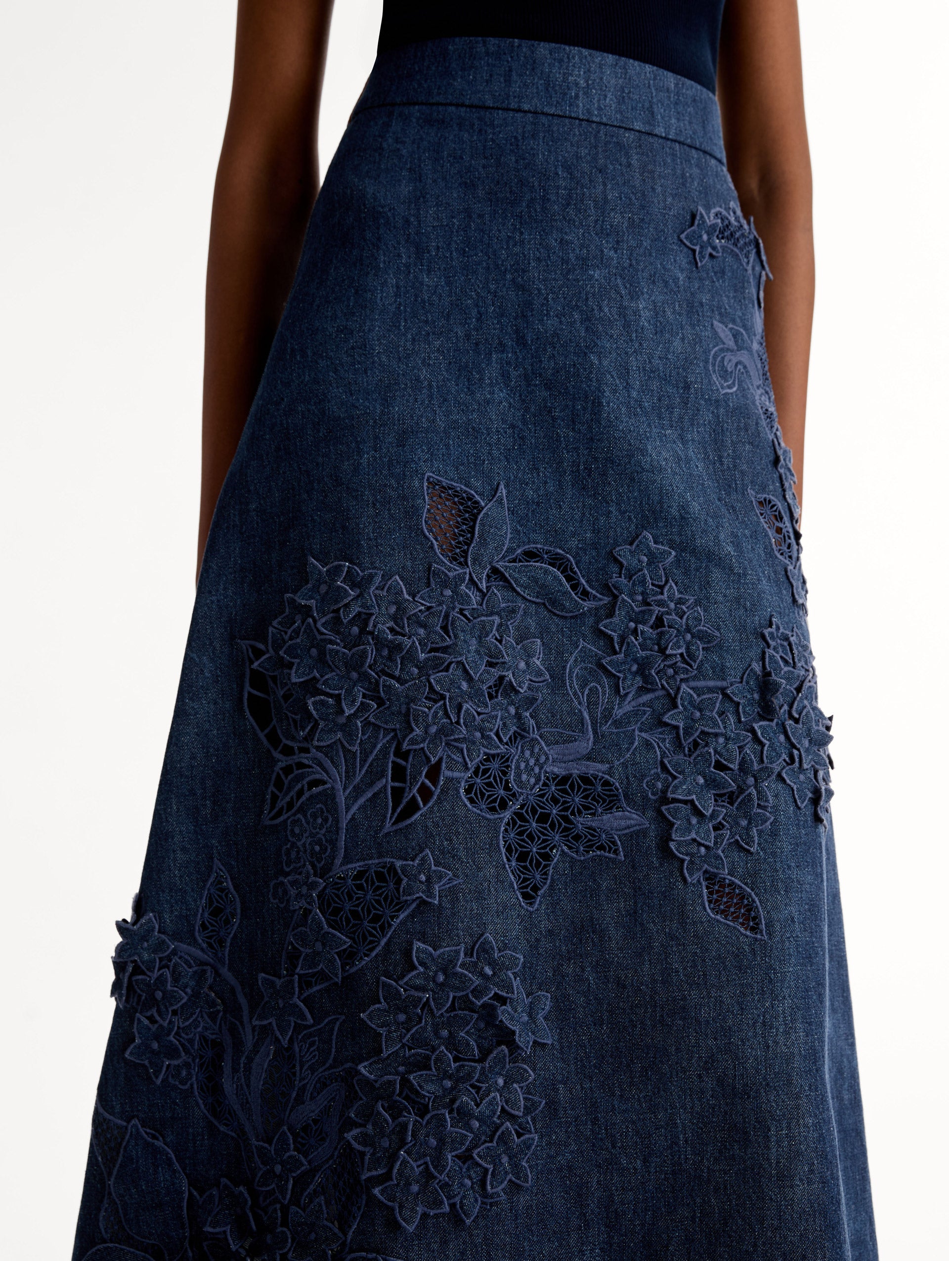 Oscar de la Renta Porcelain Flower Cutout Denim Skirt