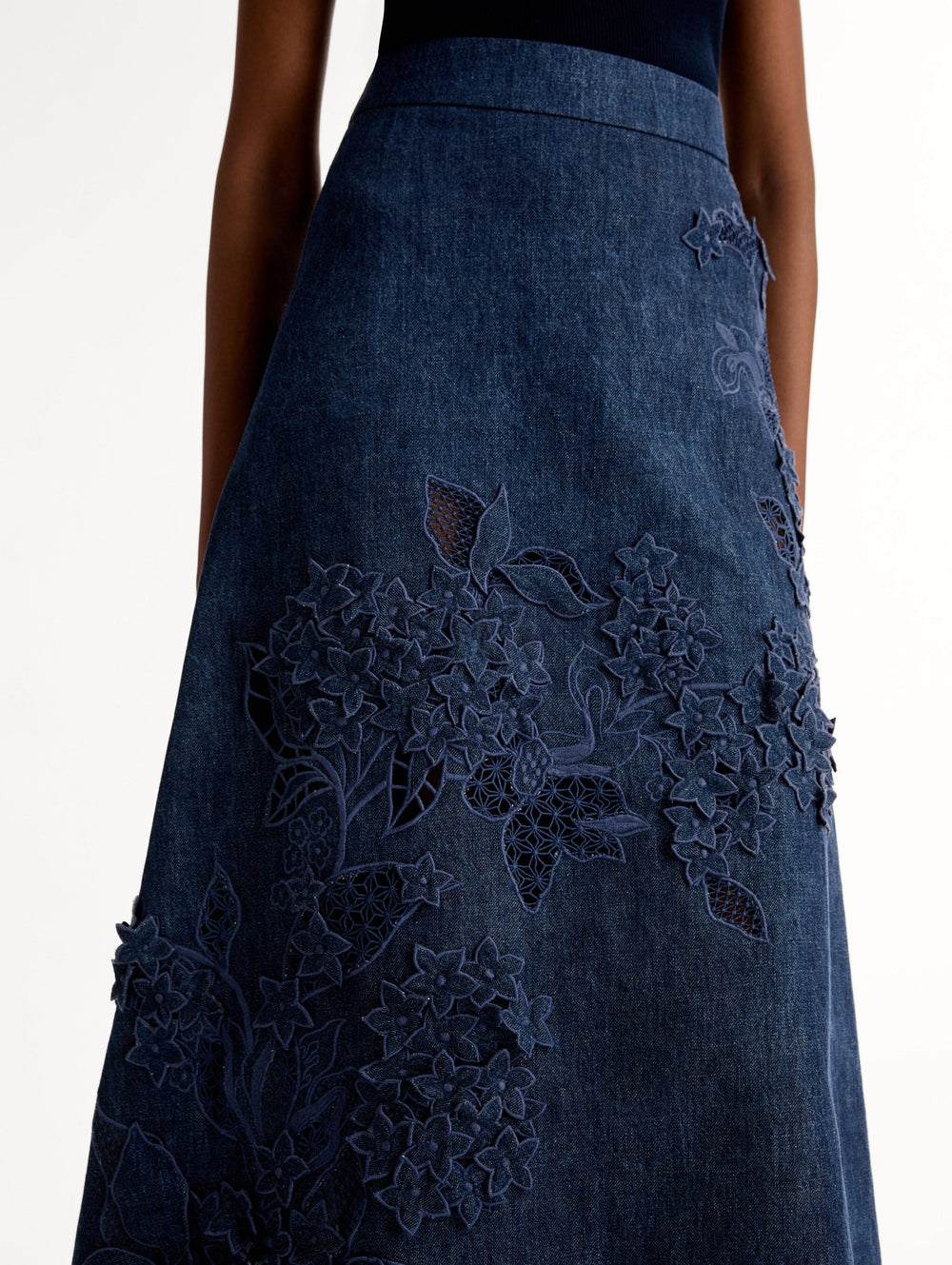 Oscar de la Renta Porcelain Flower Cutout Denim Skirt