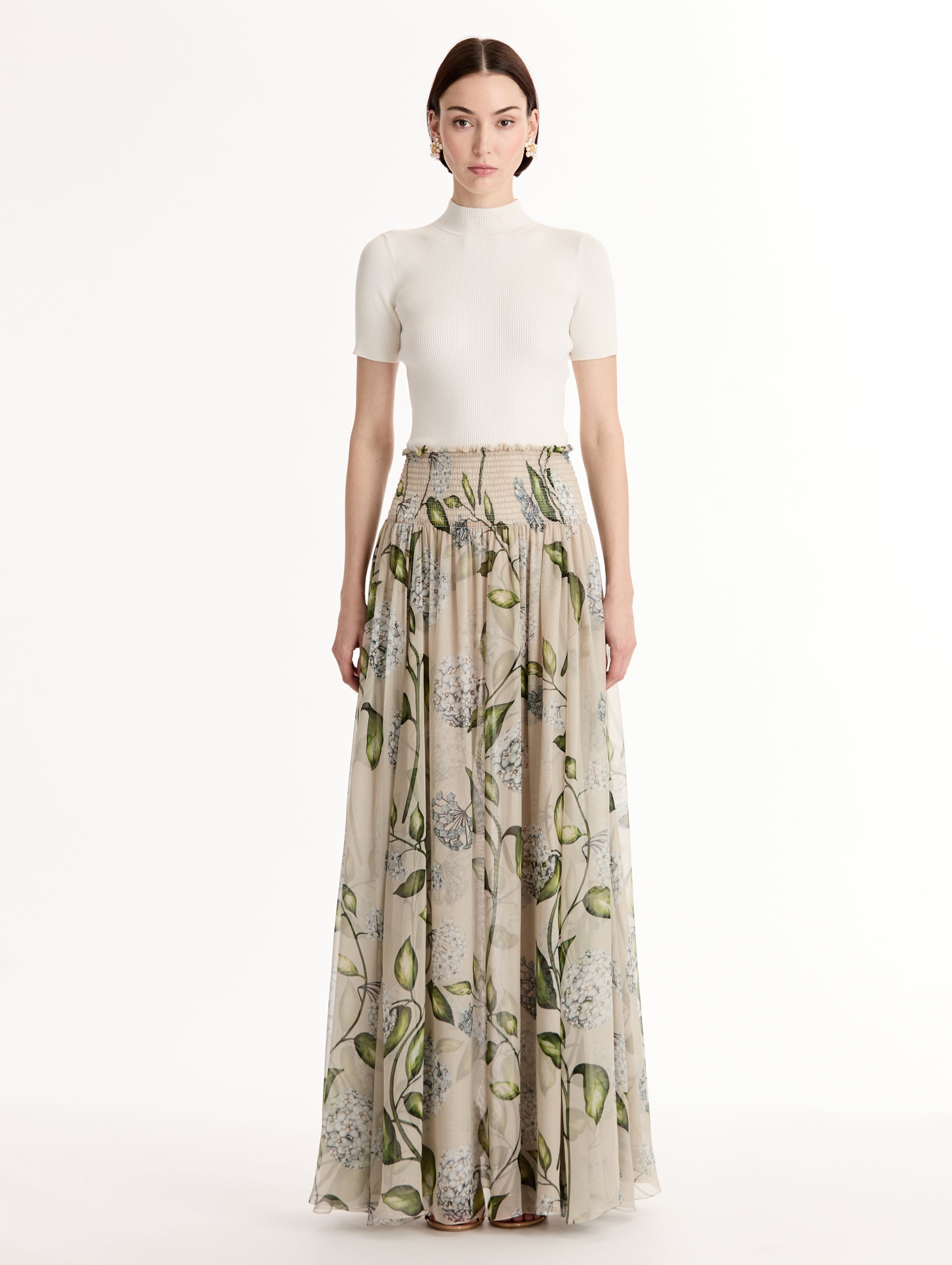 Oscar de la Renta Porcelain Flower Chiffon Maxi Skirt
