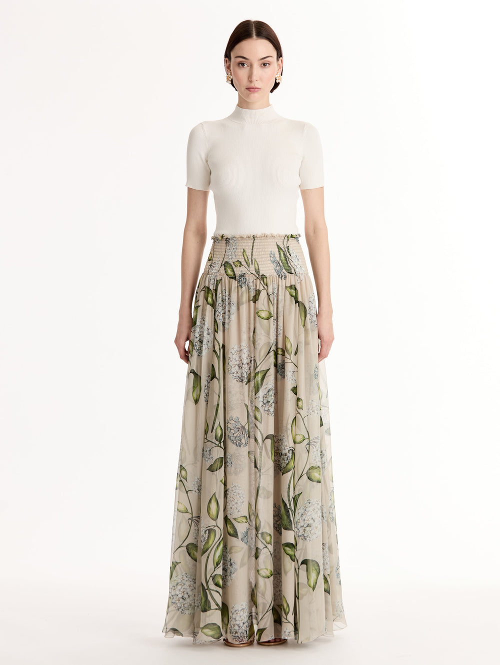 Oscar de la Renta Porcelain Flower Chiffon Maxi Skirt