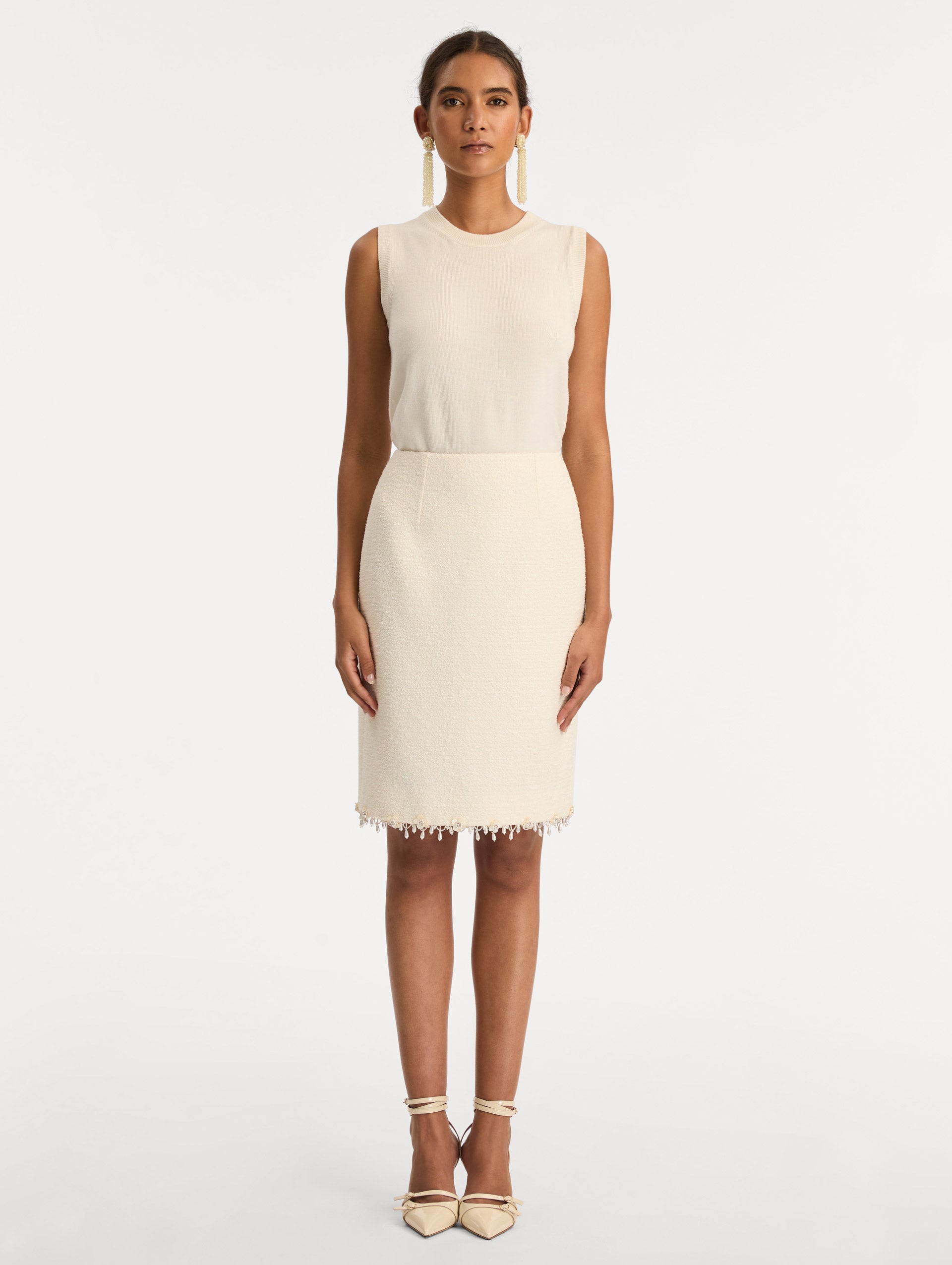 Oscar de la Renta Floral Jeweled Fringe Tweed Skirt
