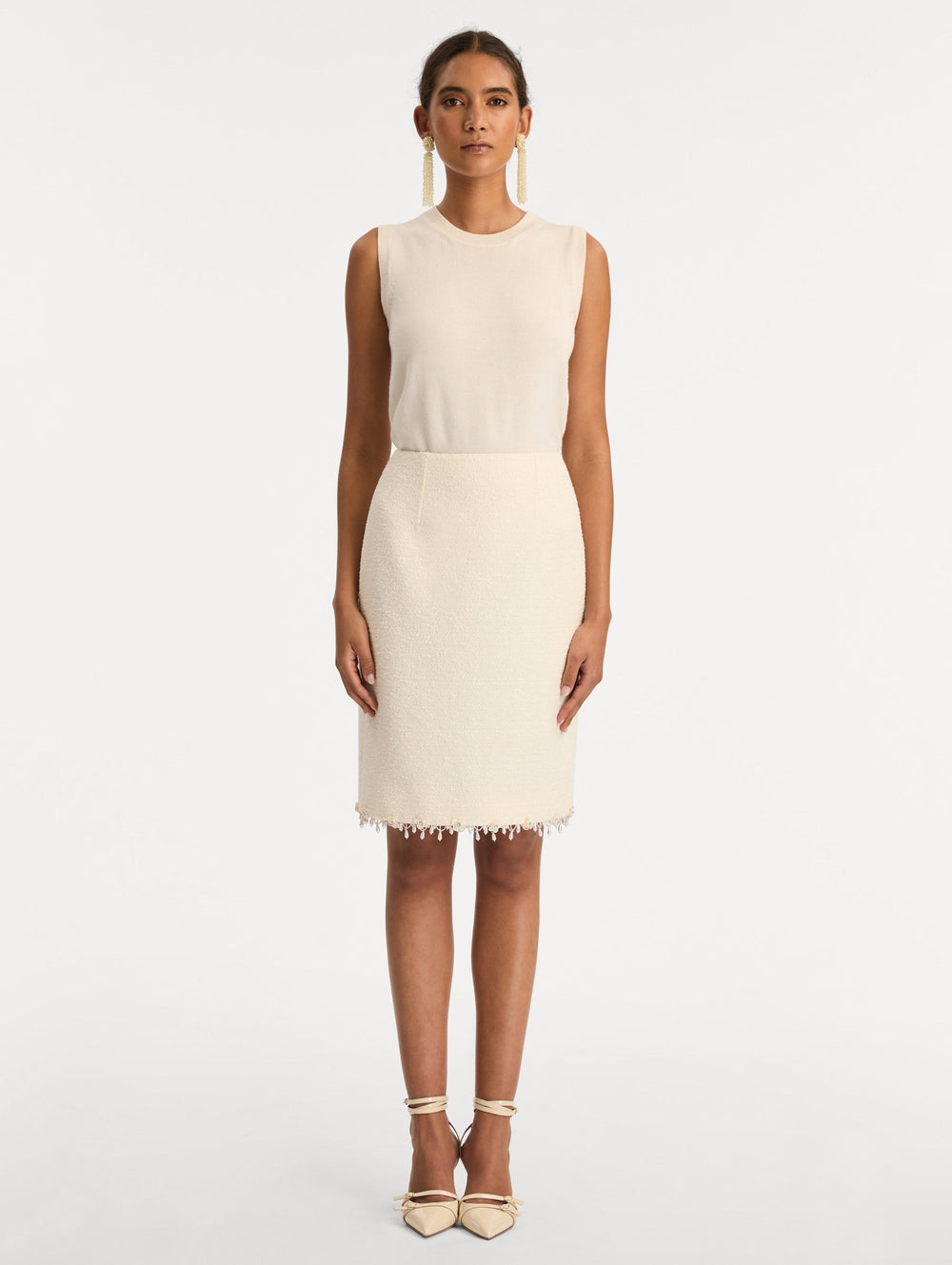 Oscar de la Renta Floral Jeweled Fringe Tweed Skirt
