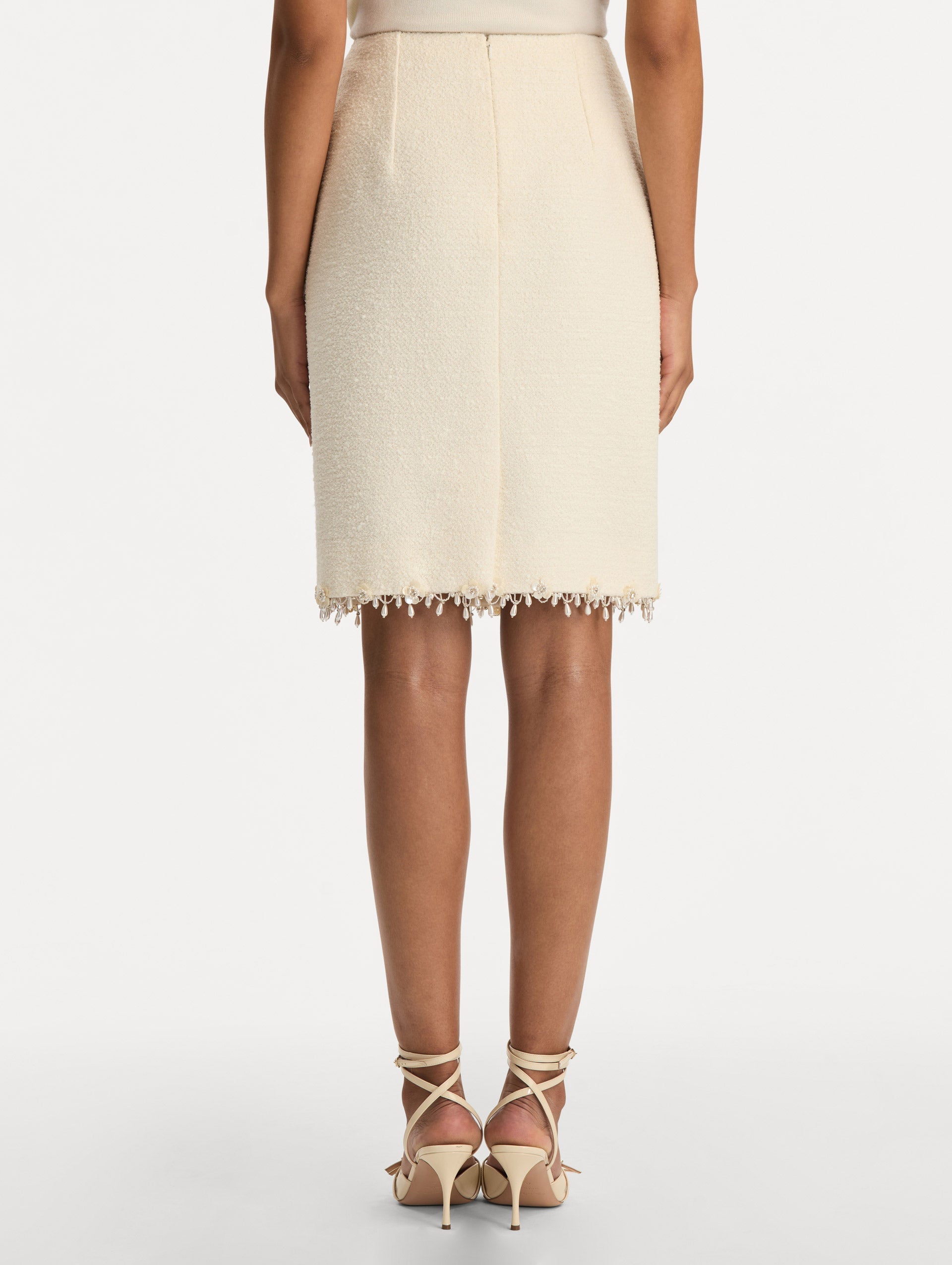 Oscar de la Renta Floral Jeweled Fringe Tweed Skirt
