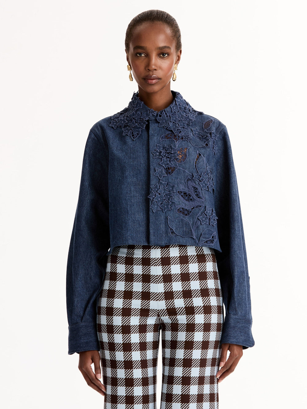 Oscar de la Renta Porcelain Flower Cutout Denim Jacket