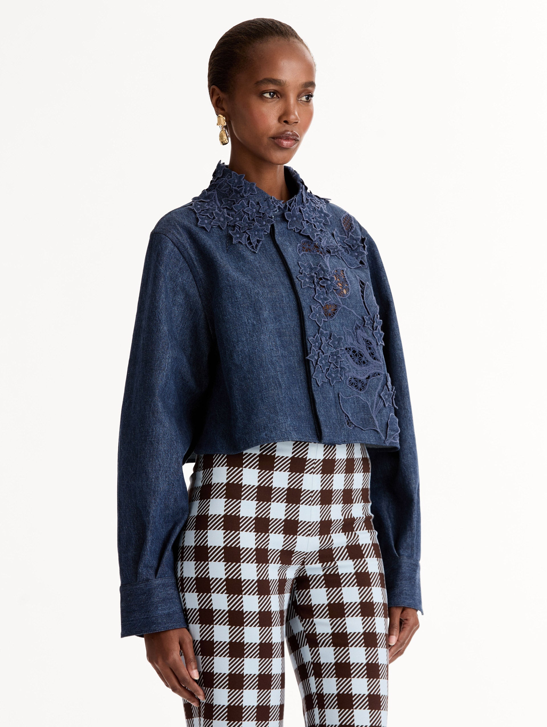 Oscar de la Renta Porcelain Flower Cutout Denim Jacket