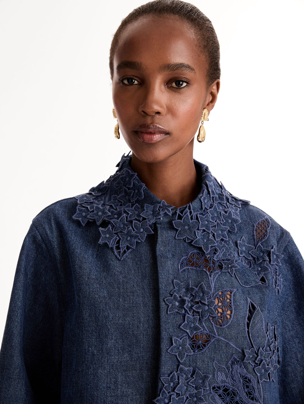 Oscar de la Renta Porcelain Flower Cutout Denim Jacket