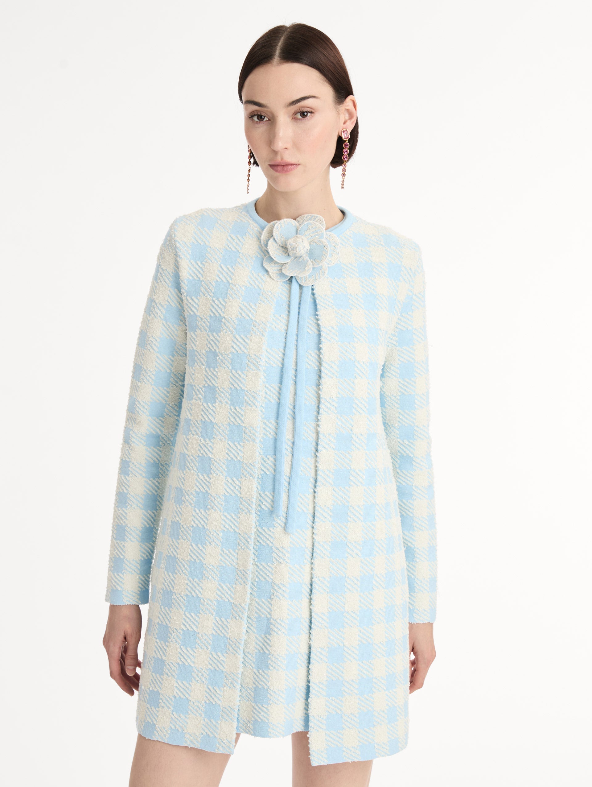 Oscar de la Renta Gingham Coat with Floral Appliqué