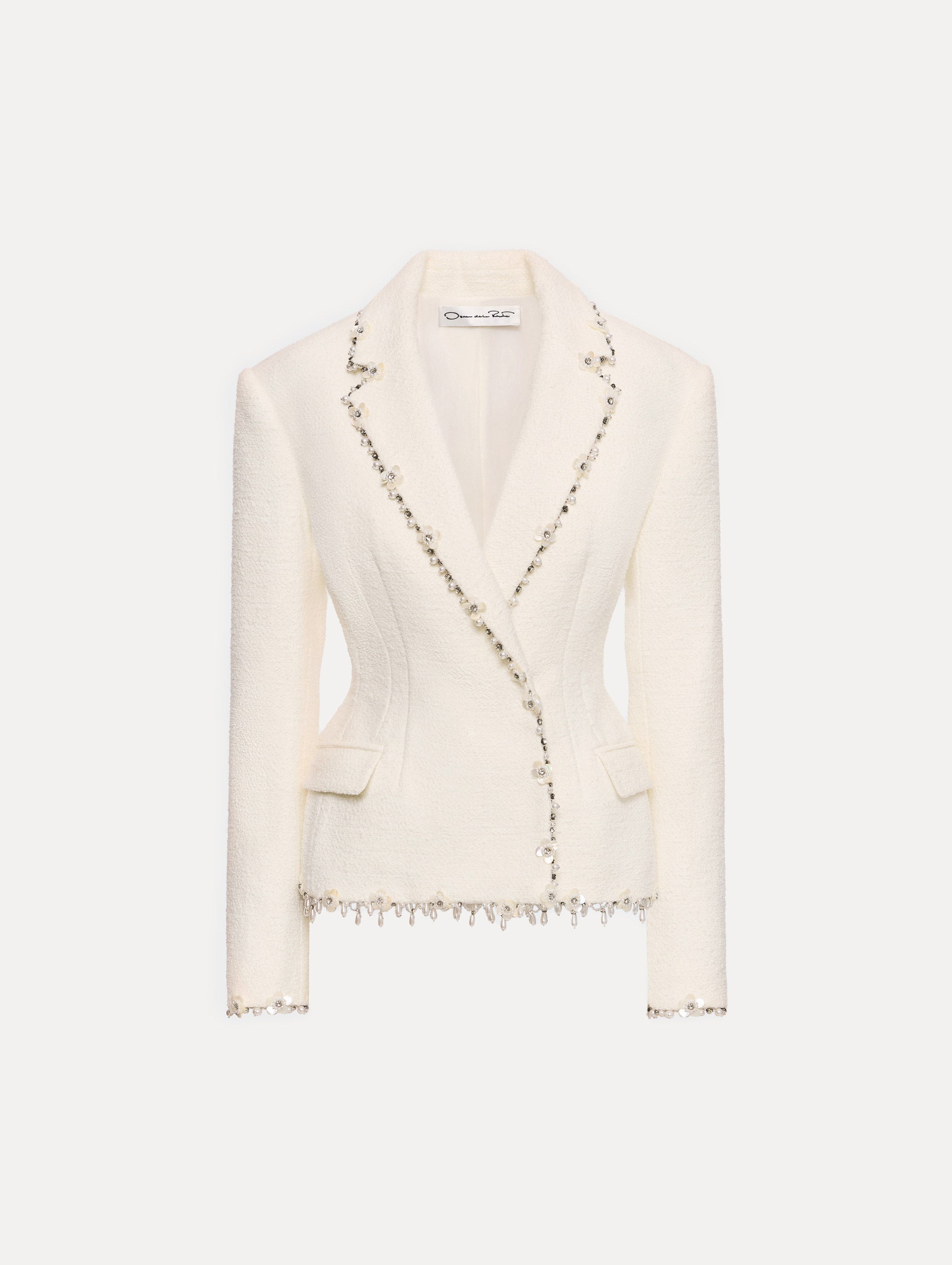Oscar de la Renta Floral Jeweled Fringe Tweed Jacket