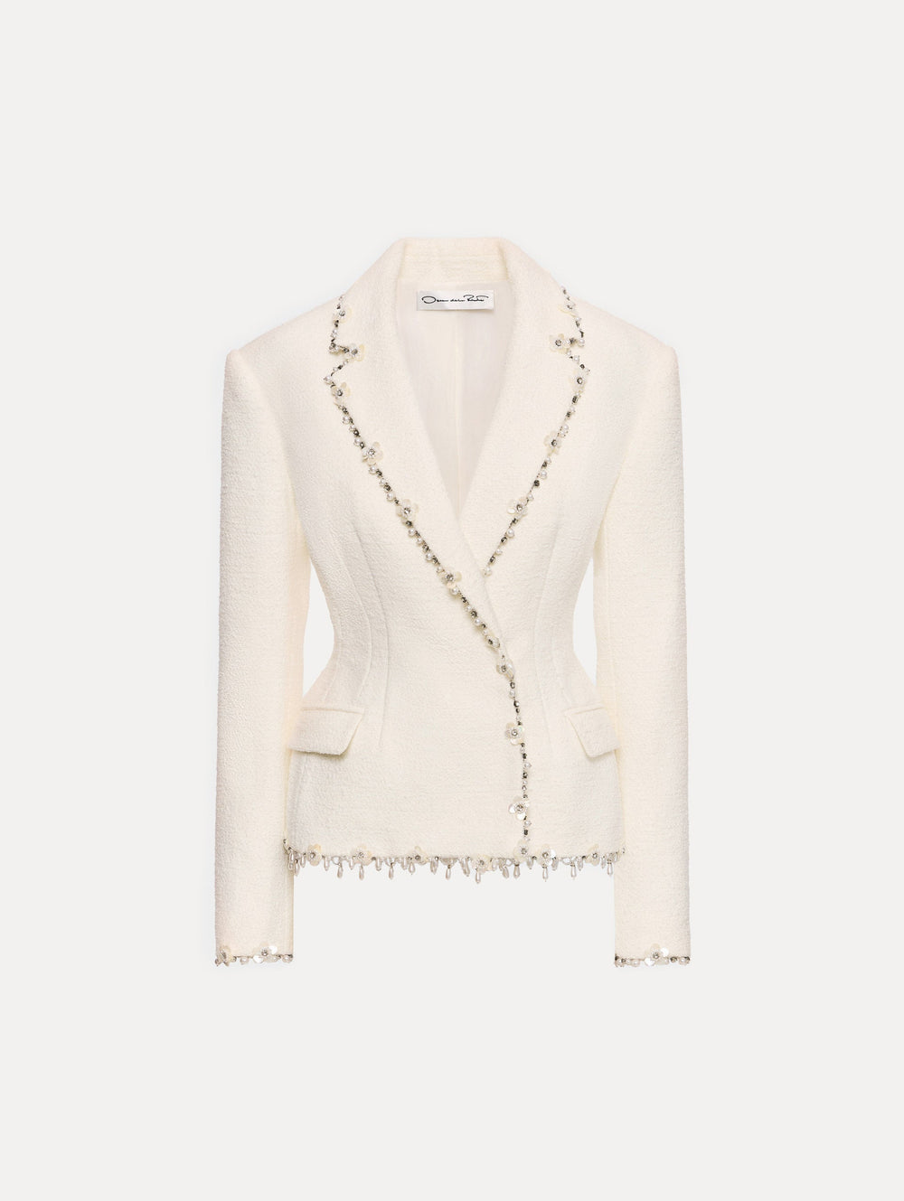 Oscar de la Renta Floral Jeweled Fringe Tweed Jacket