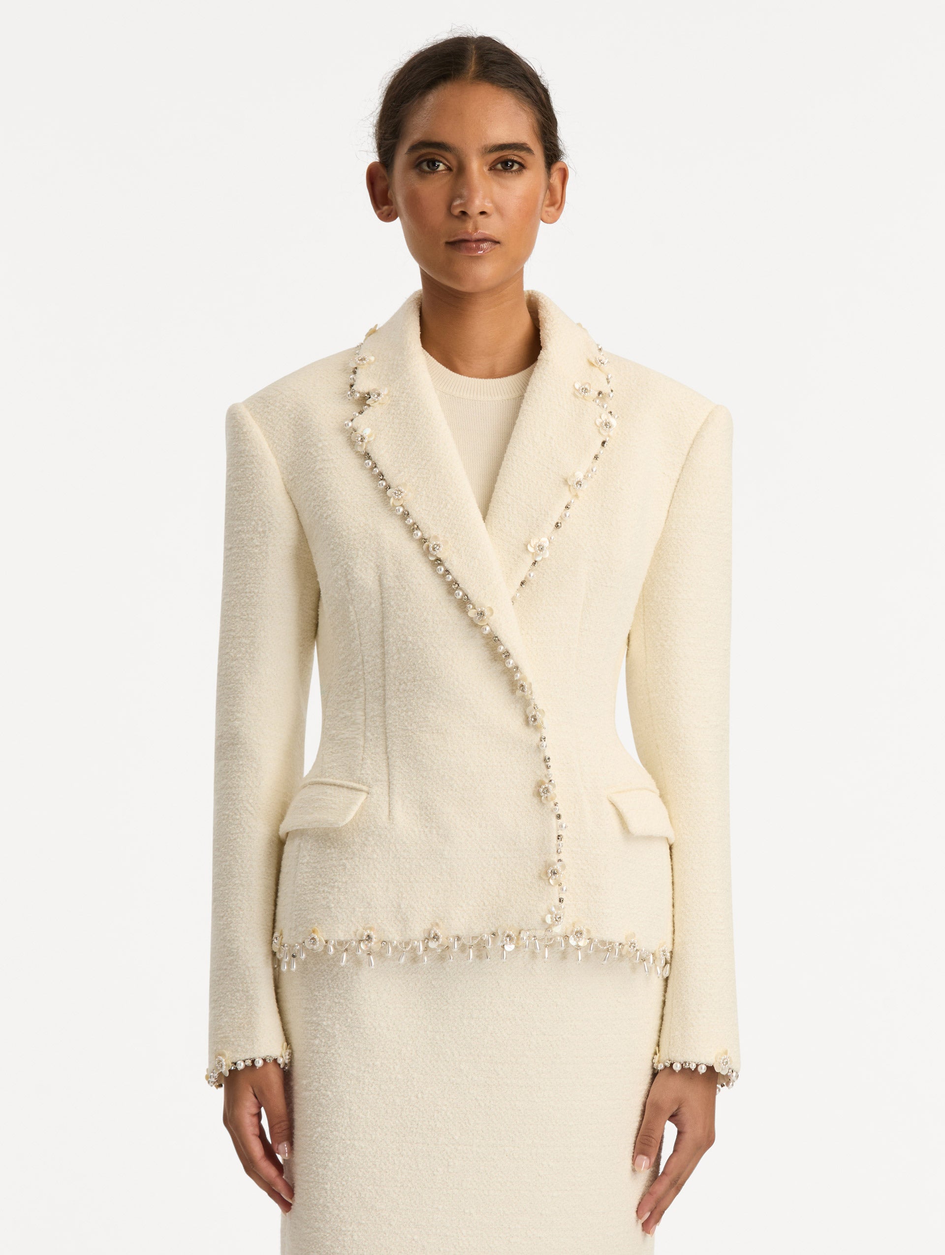 Oscar de la Renta Floral Jeweled Fringe Tweed Jacket
