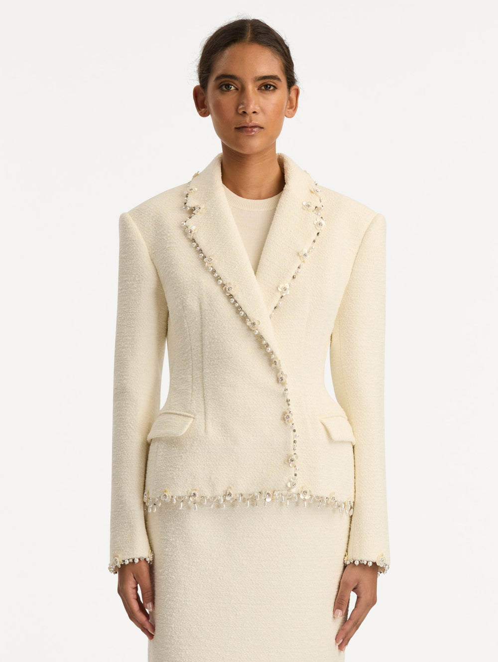Oscar de la Renta Floral Jeweled Fringe Tweed Jacket