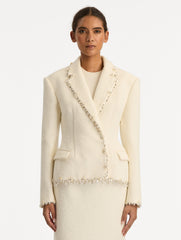 Oscar de la Renta Floral Jeweled Fringe Tweed Jacket