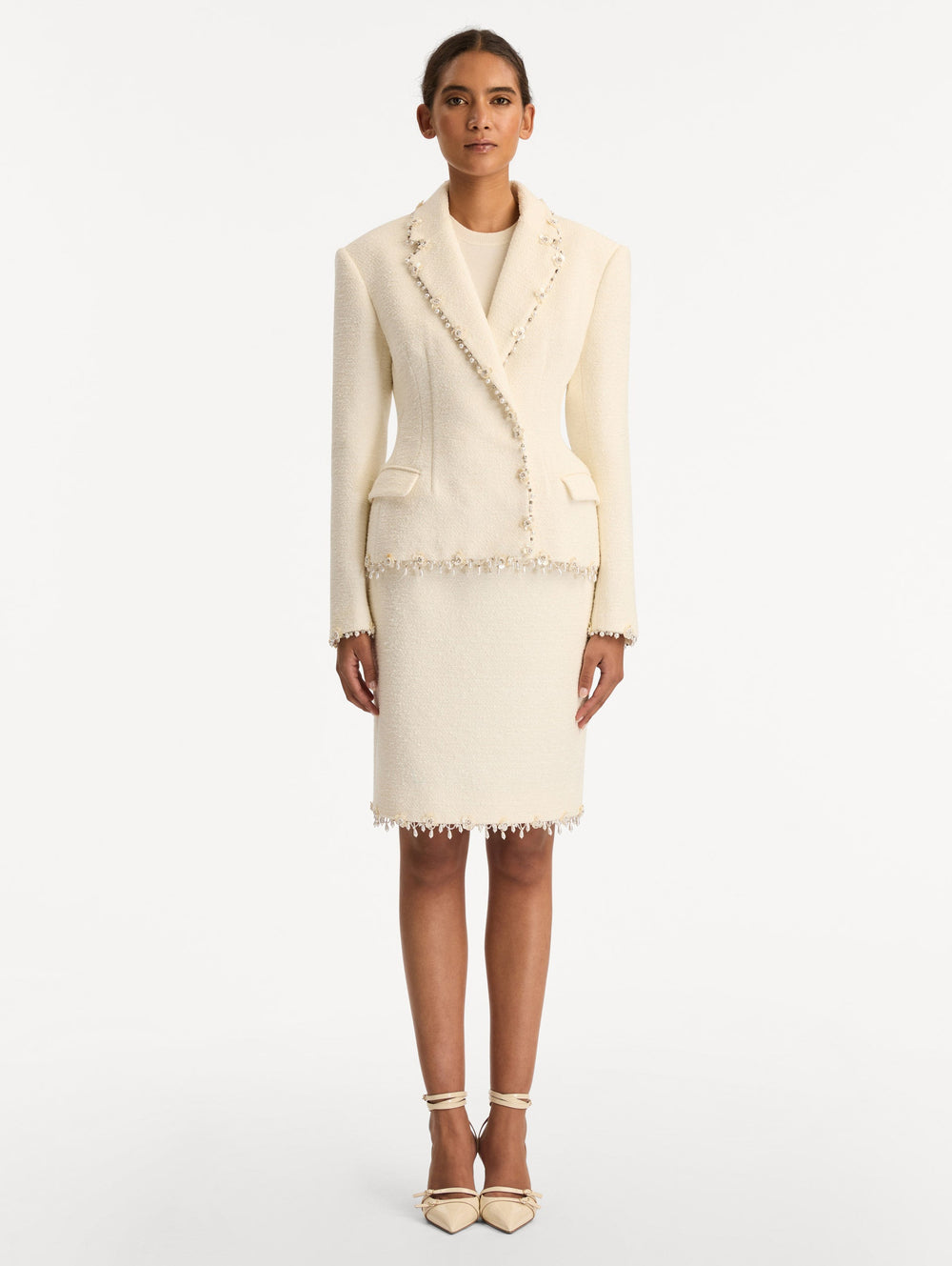 Oscar de la Renta Floral Jeweled Fringe Tweed Jacket