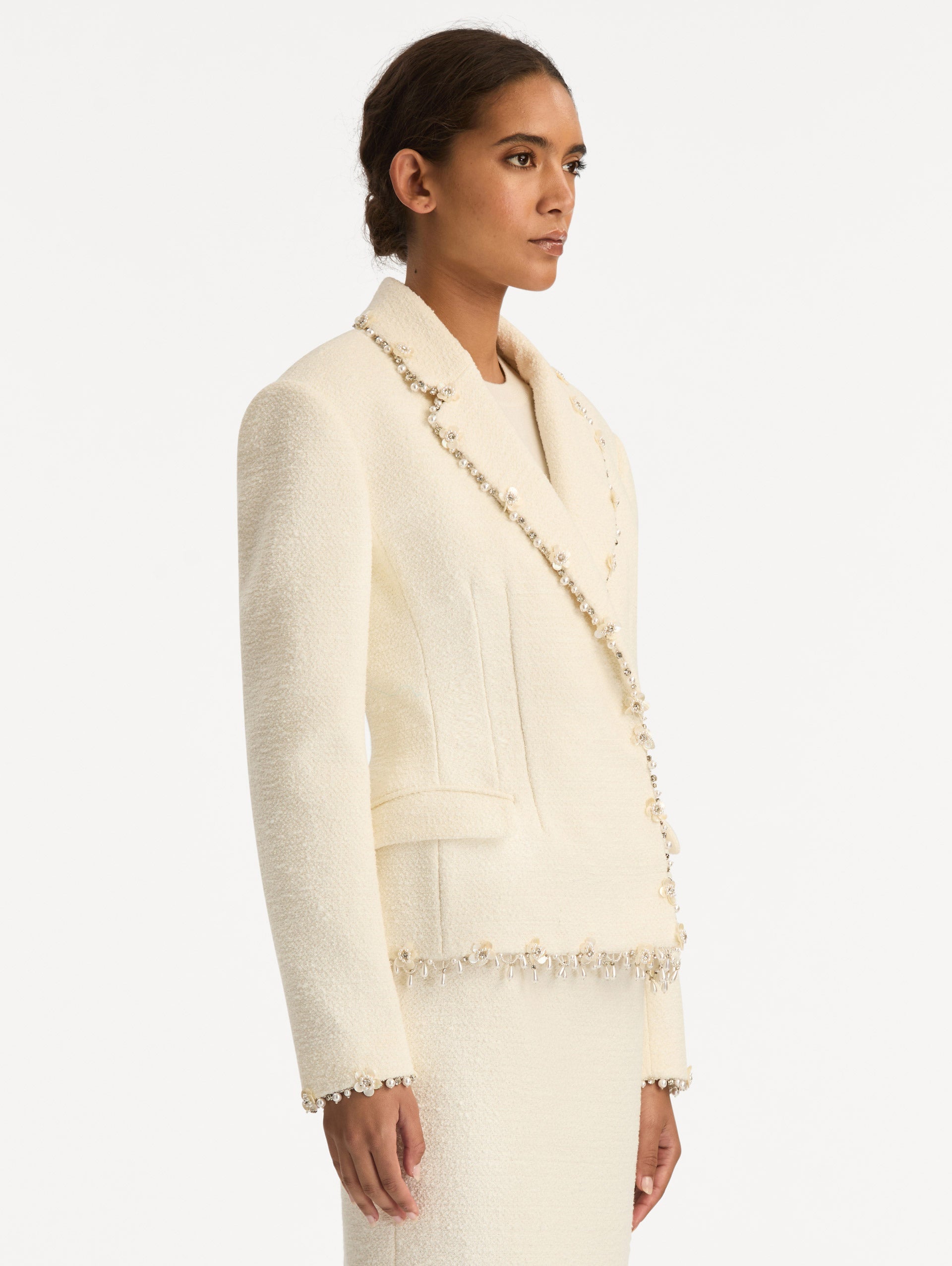 Oscar de la Renta Floral Jeweled Fringe Tweed Jacket