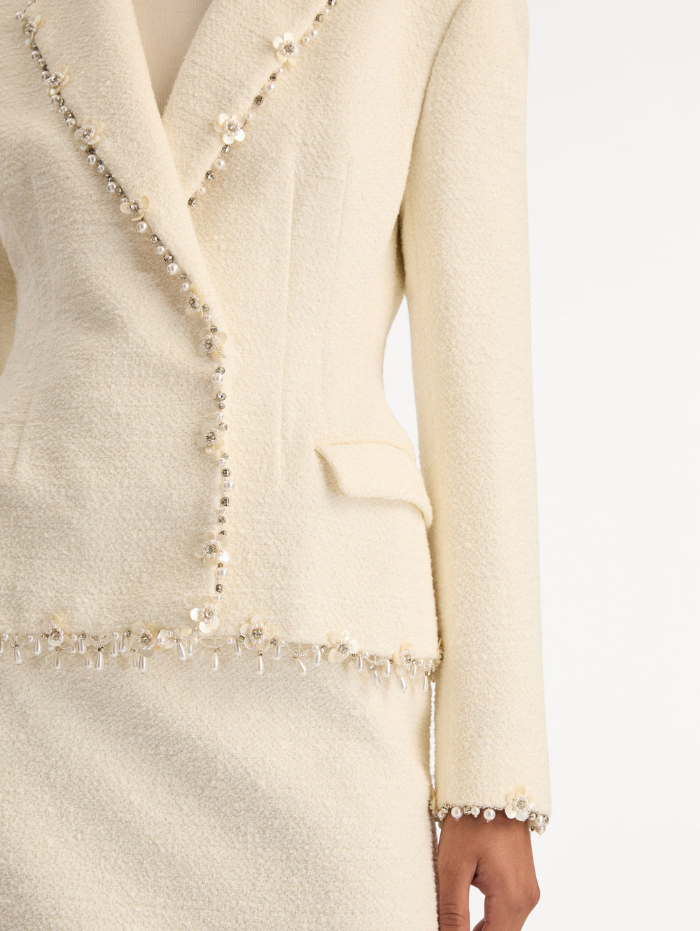 Oscar de la Renta Floral Jeweled Fringe Tweed Jacket