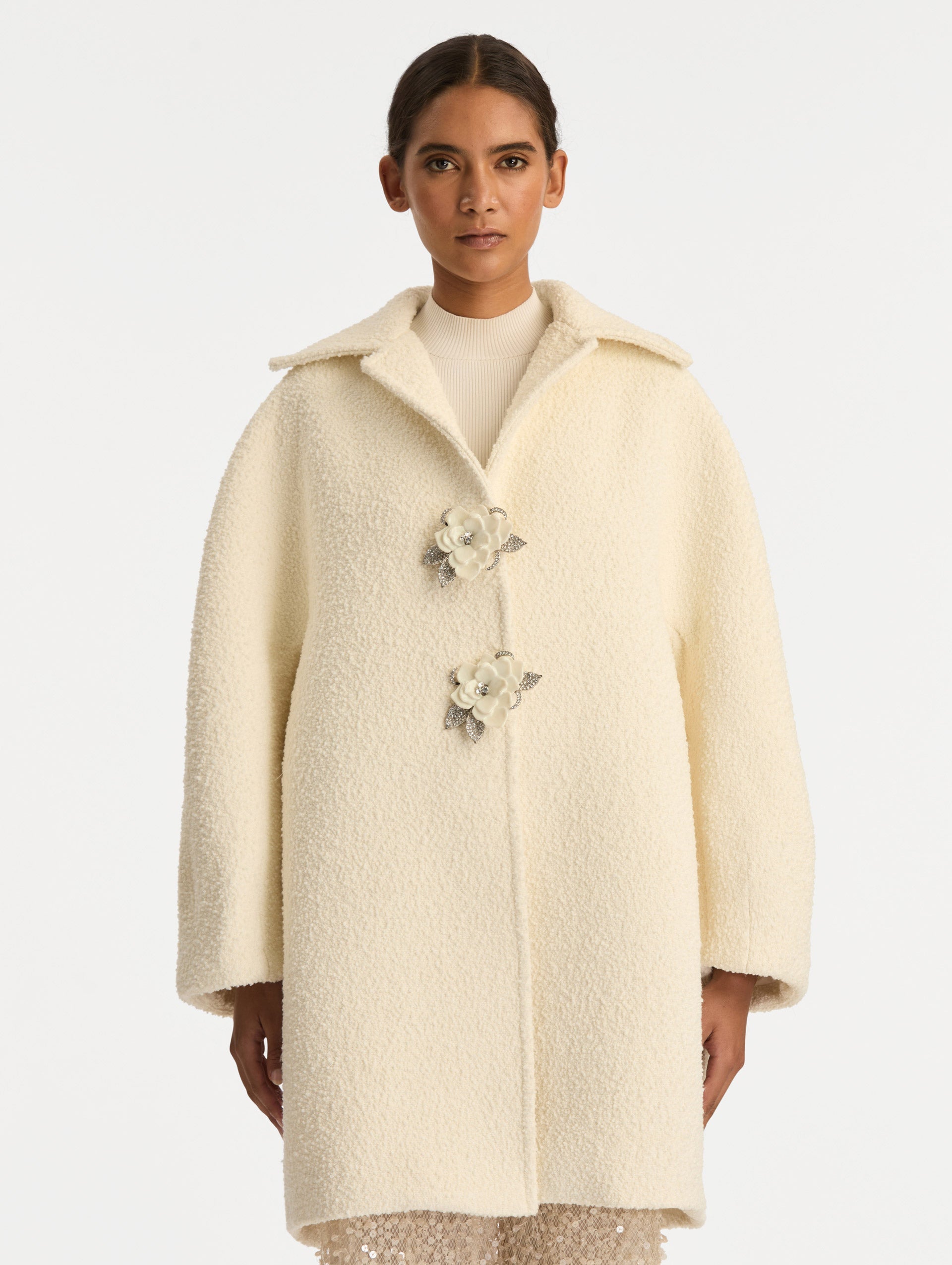 Oscar de la Renta Floral Button Bouclé Tweed Coat