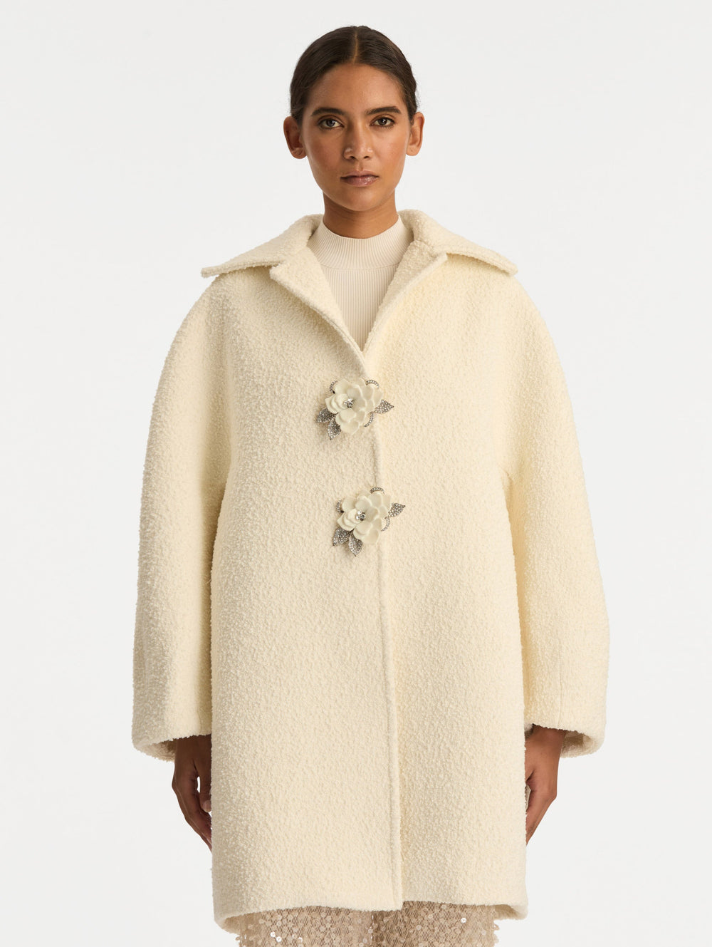 Oscar de la Renta Floral Button Bouclé Tweed Coat