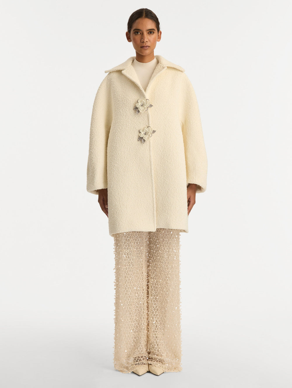 Oscar de la Renta Floral Button Bouclé Tweed Coat