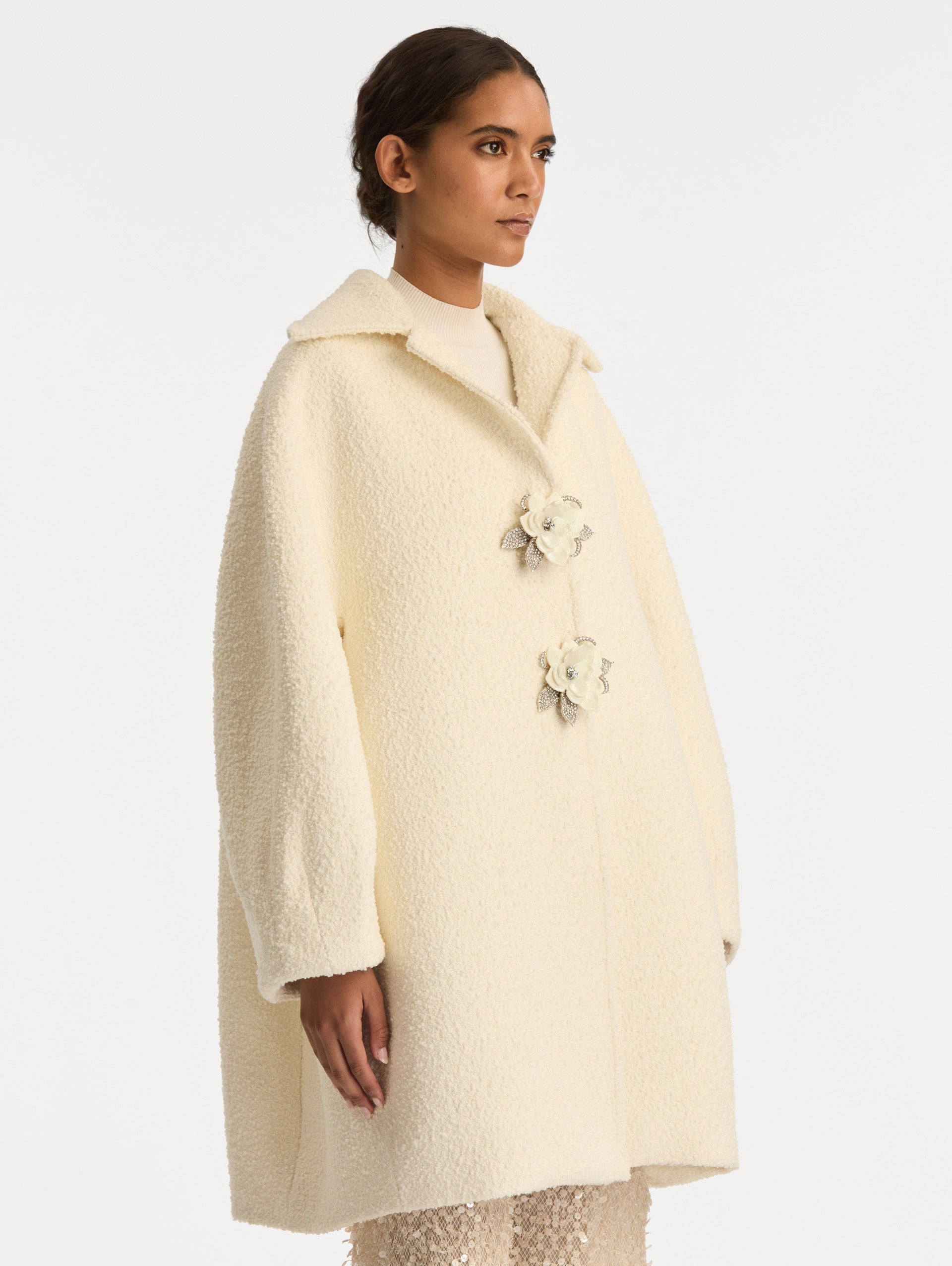 Oscar de la Renta Floral Button Bouclé Tweed Coat