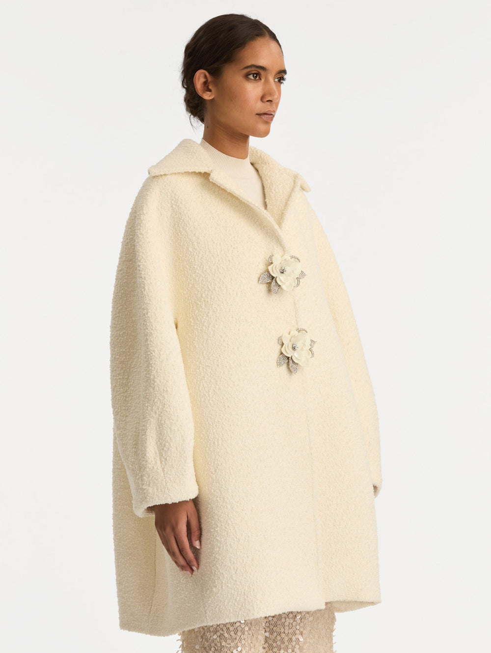 Oscar de la Renta Floral Button Bouclé Tweed Coat