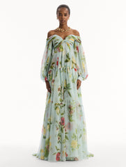 Oscar de la Renta Chiné Dominican Mixed-Floral Chiffon Sweetheart Gown