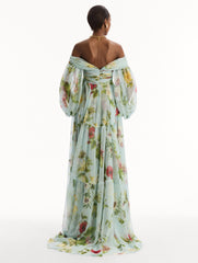 Oscar de la Renta Chiné Dominican Mixed-Floral Chiffon Sweetheart Gown