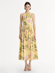 Oscar de la Renta Porcelain Flower Cotton Poplin Pleated Dress