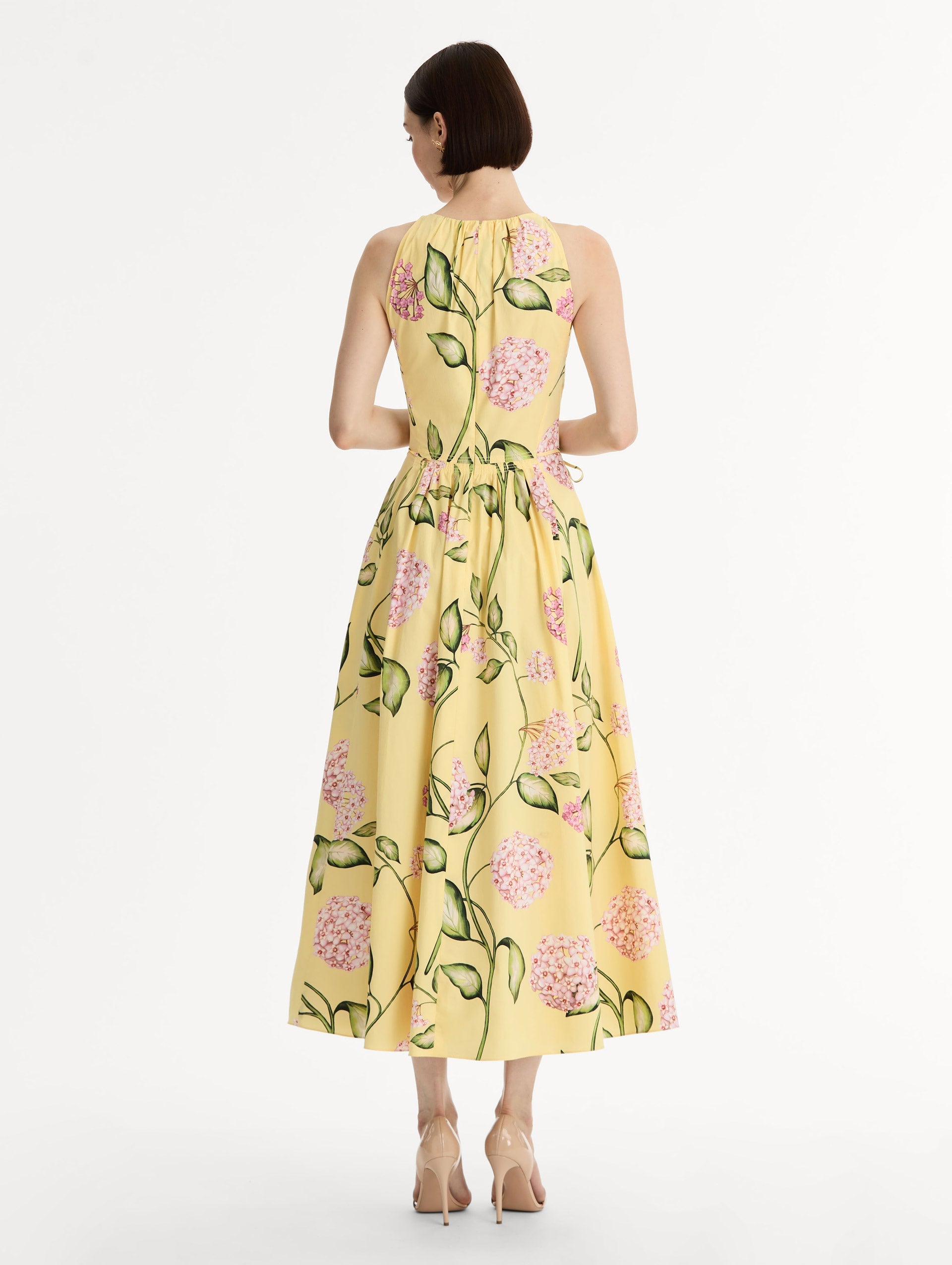 Oscar de la Renta Porcelain Flower Cotton Poplin Pleated Dress