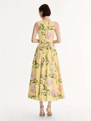 Oscar de la Renta Porcelain Flower Cotton Poplin Pleated Dress