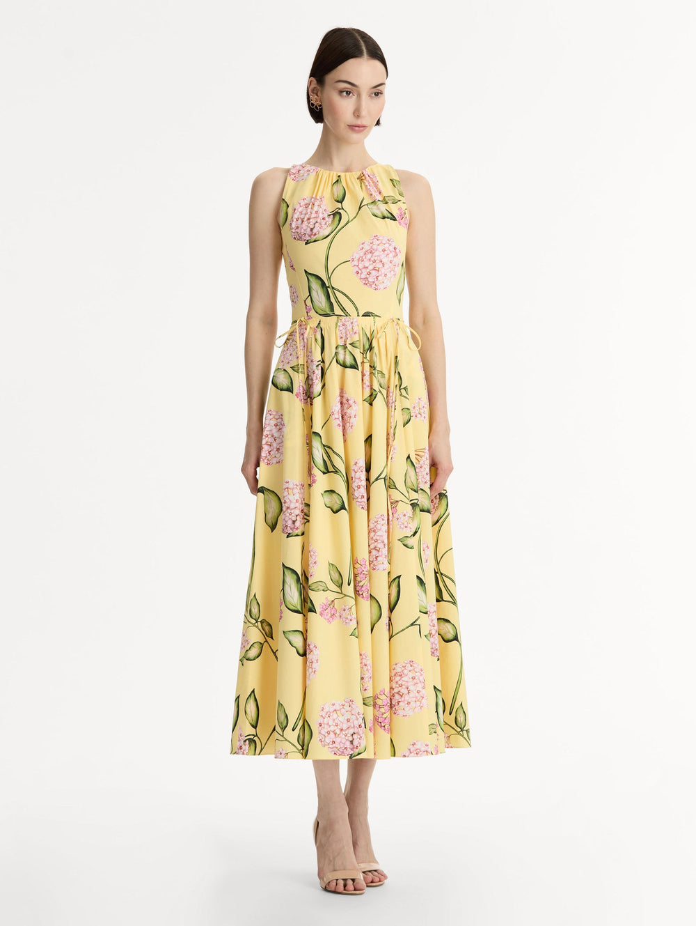 Oscar de la Renta Porcelain Flower Cotton Poplin Pleated Dress