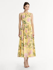 Oscar de la Renta Porcelain Flower Cotton Poplin Pleated Dress
