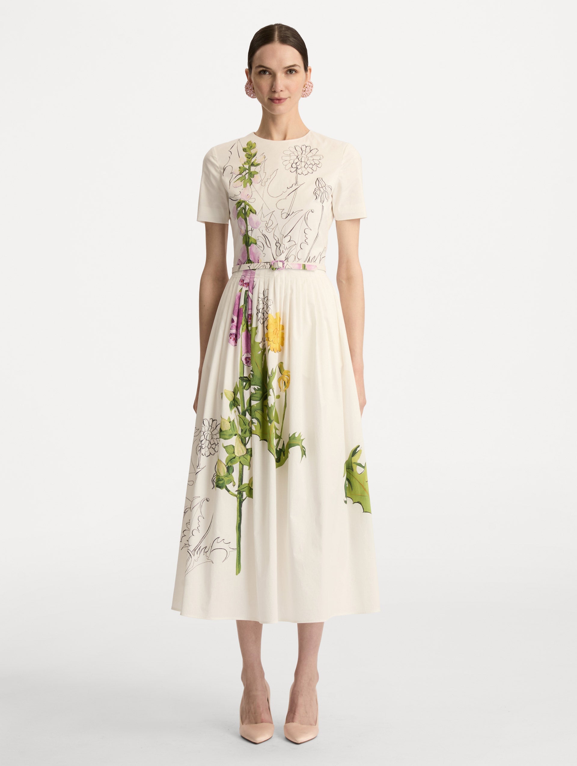 Oscar de la Renta Foxglove Sketch Cotton Poplin Dress