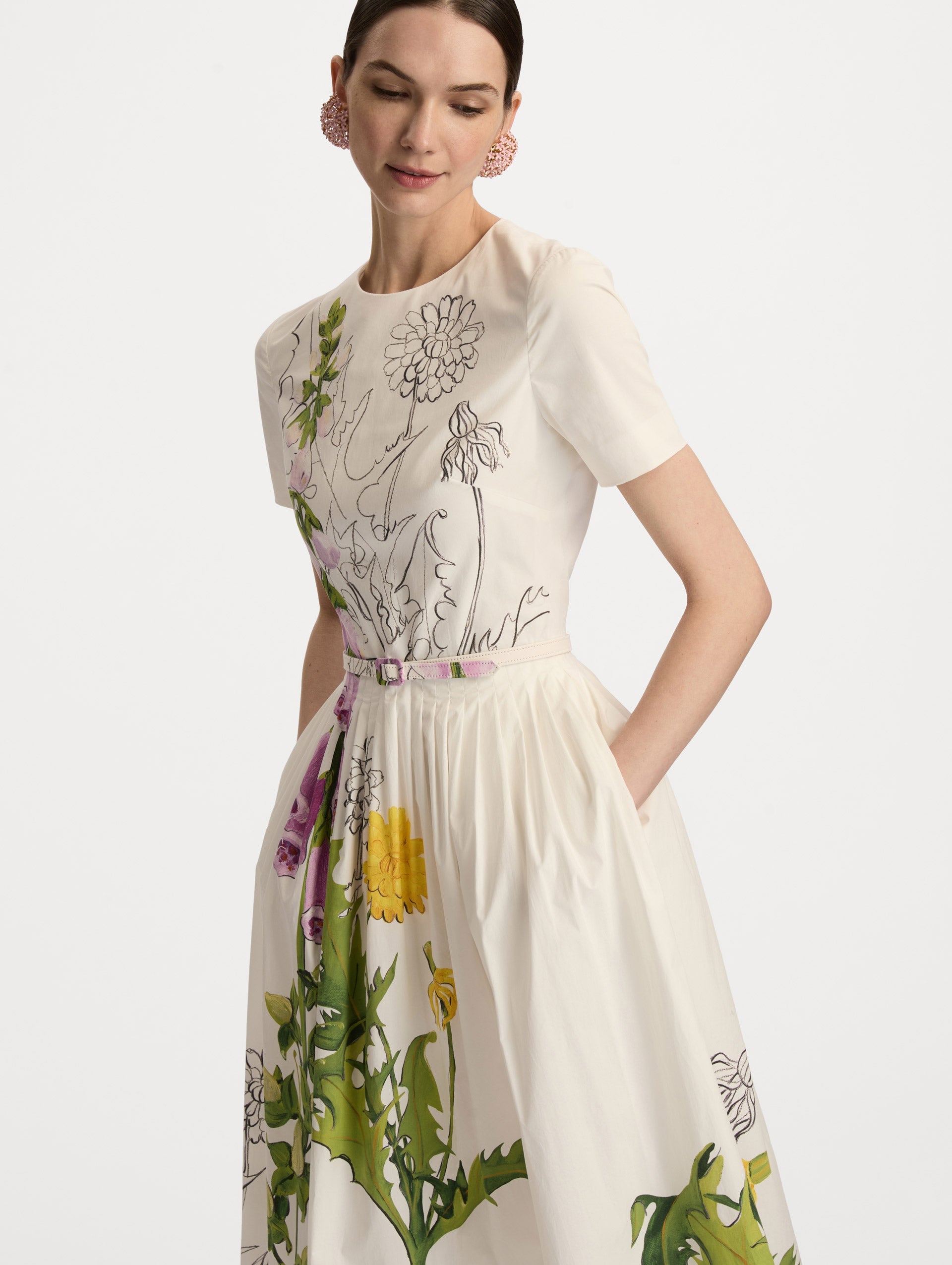Oscar de la Renta Foxglove Sketch Cotton Poplin Dress