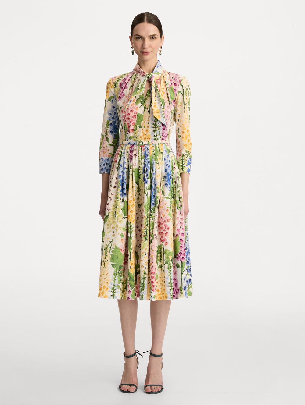 Oscar de la Renta Foxglove Cotton Poplin Tie-Neck Dress