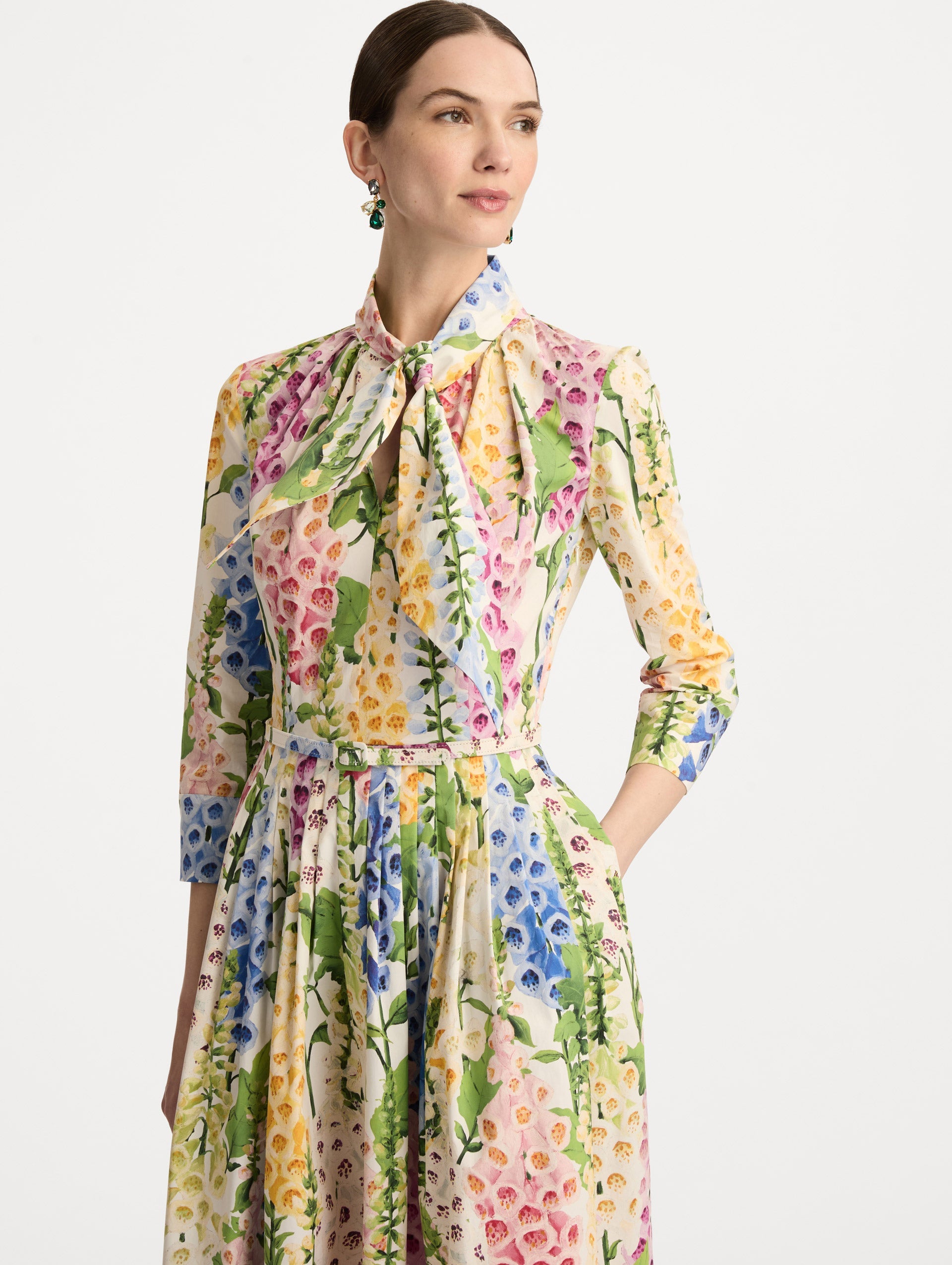 Oscar de la Renta Foxglove Cotton Poplin Tie-Neck Dress