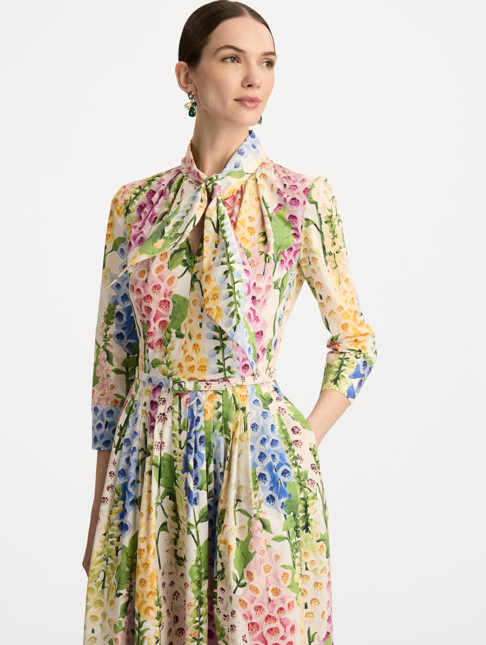 Oscar de la Renta Foxglove Cotton Poplin Tie-Neck Dress