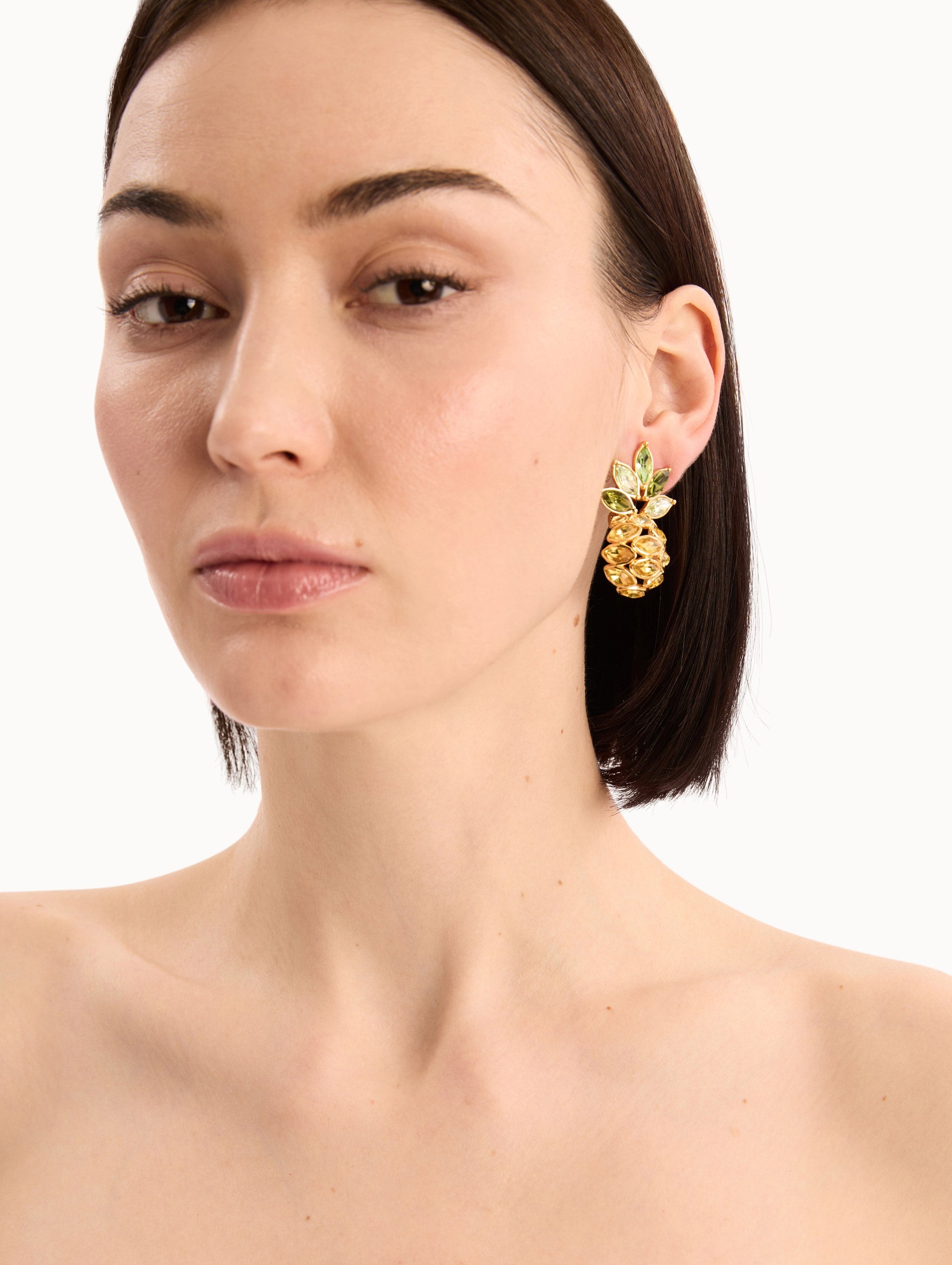 Oscar de la Renta Pineapple Crystal Leaf Clip-On Earrings