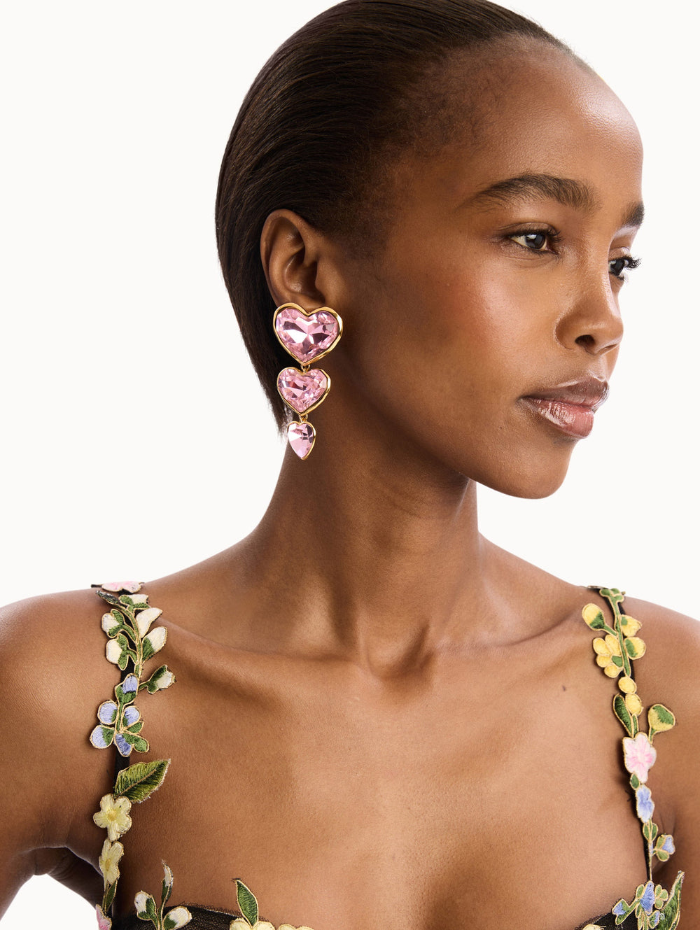 Oscar de la Renta Crystal Heart Drop Clip-On Earrings