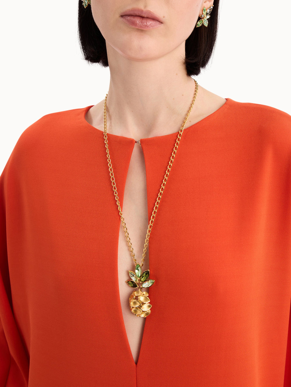 Oscar de la Renta Pineapple Crystal Leaf Pendant Necklace